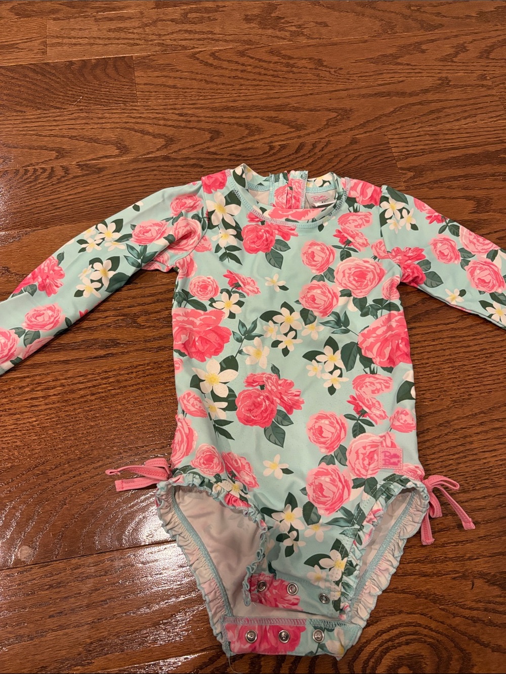 Floral Long-Sleeve Girls Swim Suit - Pink Roses on Mint rufflebutts